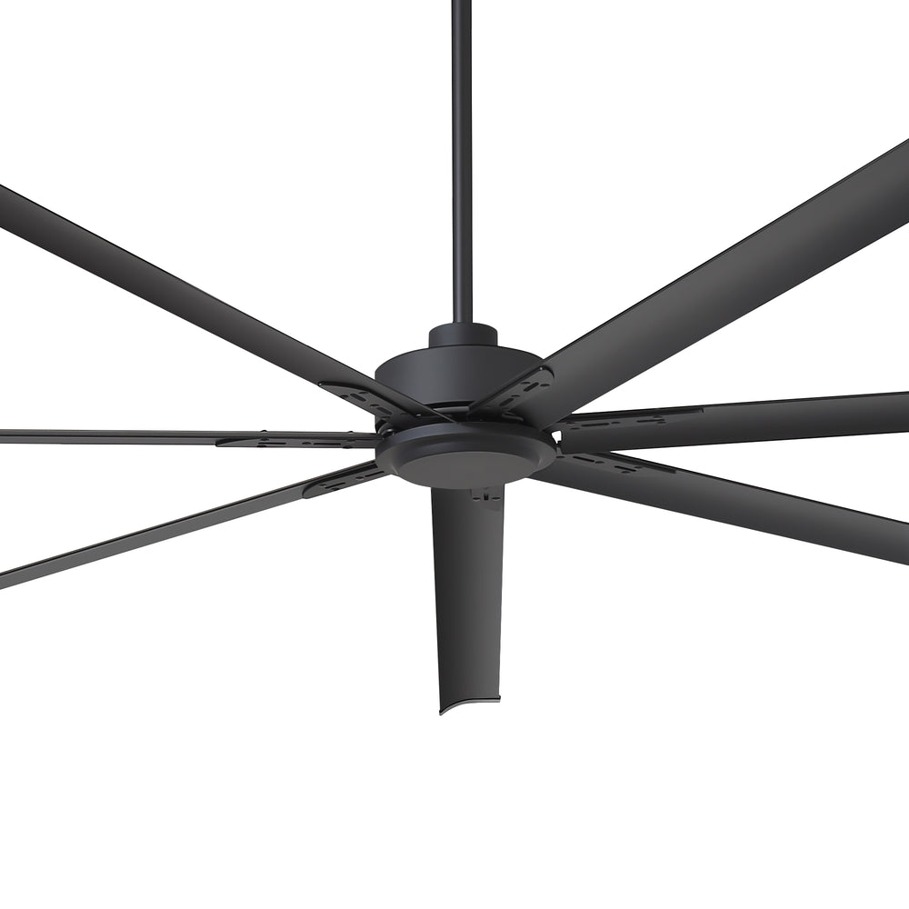 Close-up of 96-inch large black 7-blade ceiling fan showing the motor housing and blade mounting structure