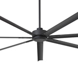 Close-up of 96-inch large black 7-blade ceiling fan showing the motor housing and blade mounting structure