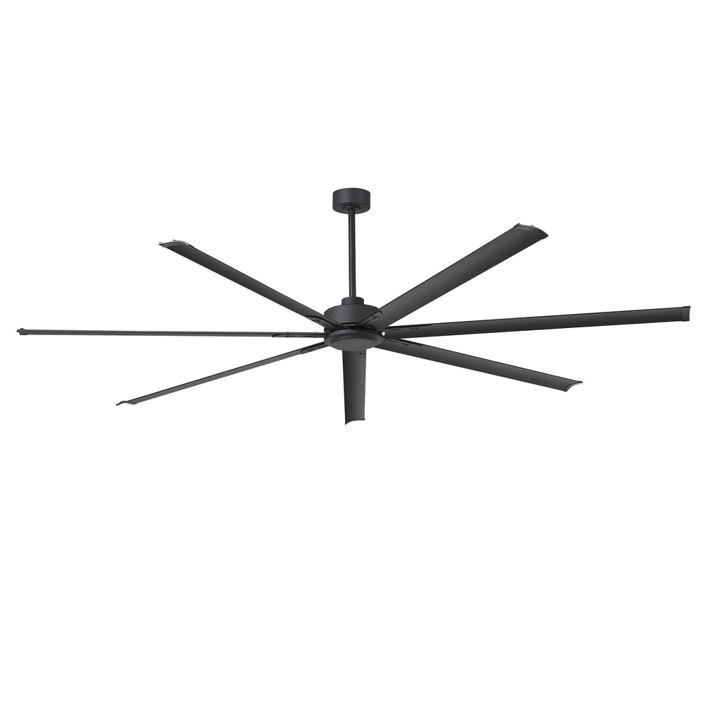 96-inch large black 8-blade ceiling fan with extended downrod and sleek industrial design