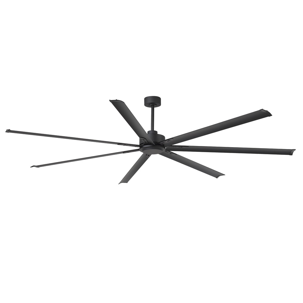 96-inch large black 8-blade ceiling fan shown from an angled view with modern industrial design