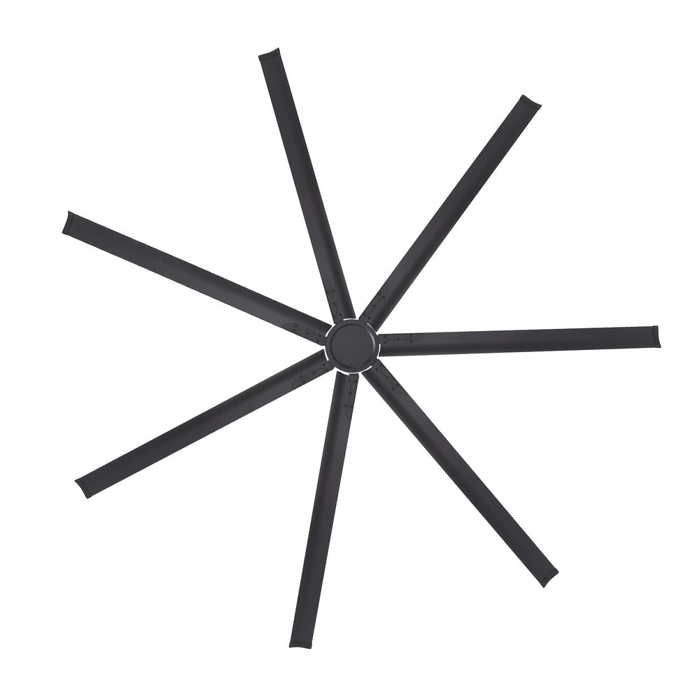 Bottom view of 96-inch large black ceiling fan showing its 7-blade design