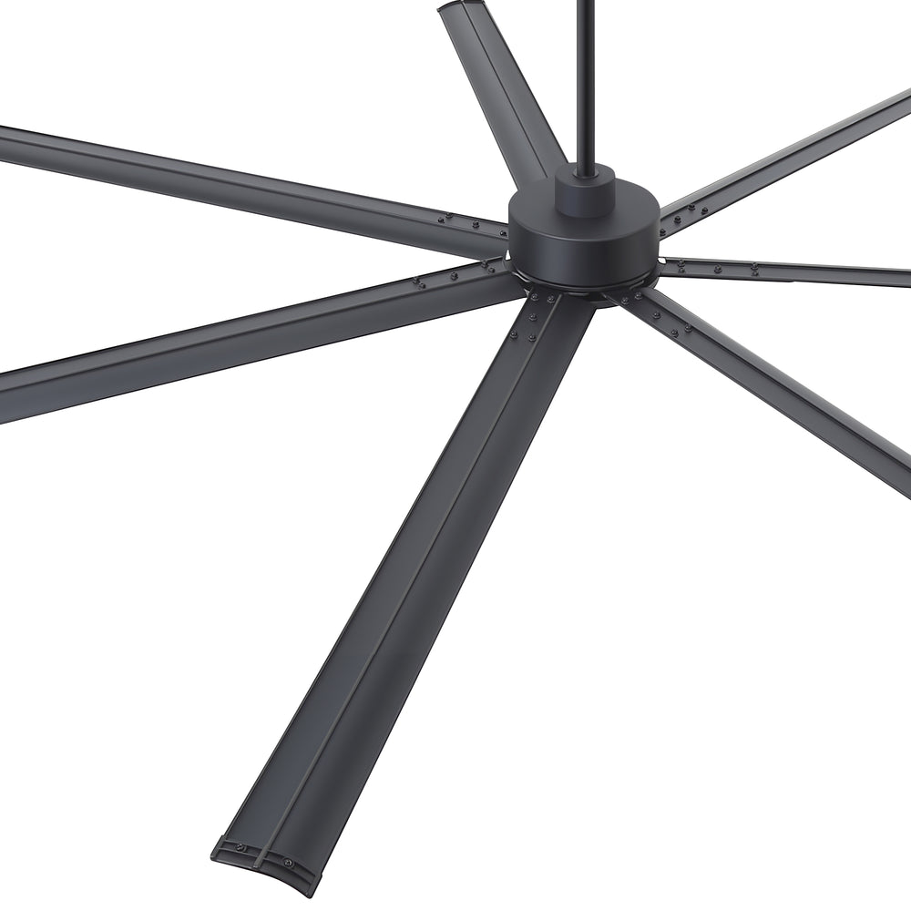 Close-up of 96-inch large black ceiling fan showing 7 aluminum blades and secure blade mounting hardware