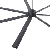 Close-up of 96-inch large black ceiling fan showing 7 aluminum blades and secure blade mounting hardware