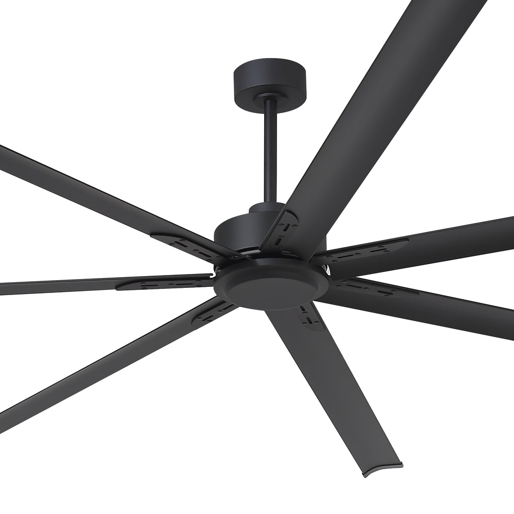 Close-up of 96-inch large black ceiling fan showing the motor housing and blade mounting structure