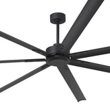 Close-up of 96-inch large black ceiling fan showing the motor housing and blade mounting structure
