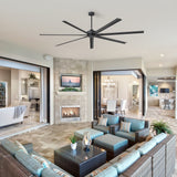 108-inch large black ceiling fan installed in a spacious modern living and patio area