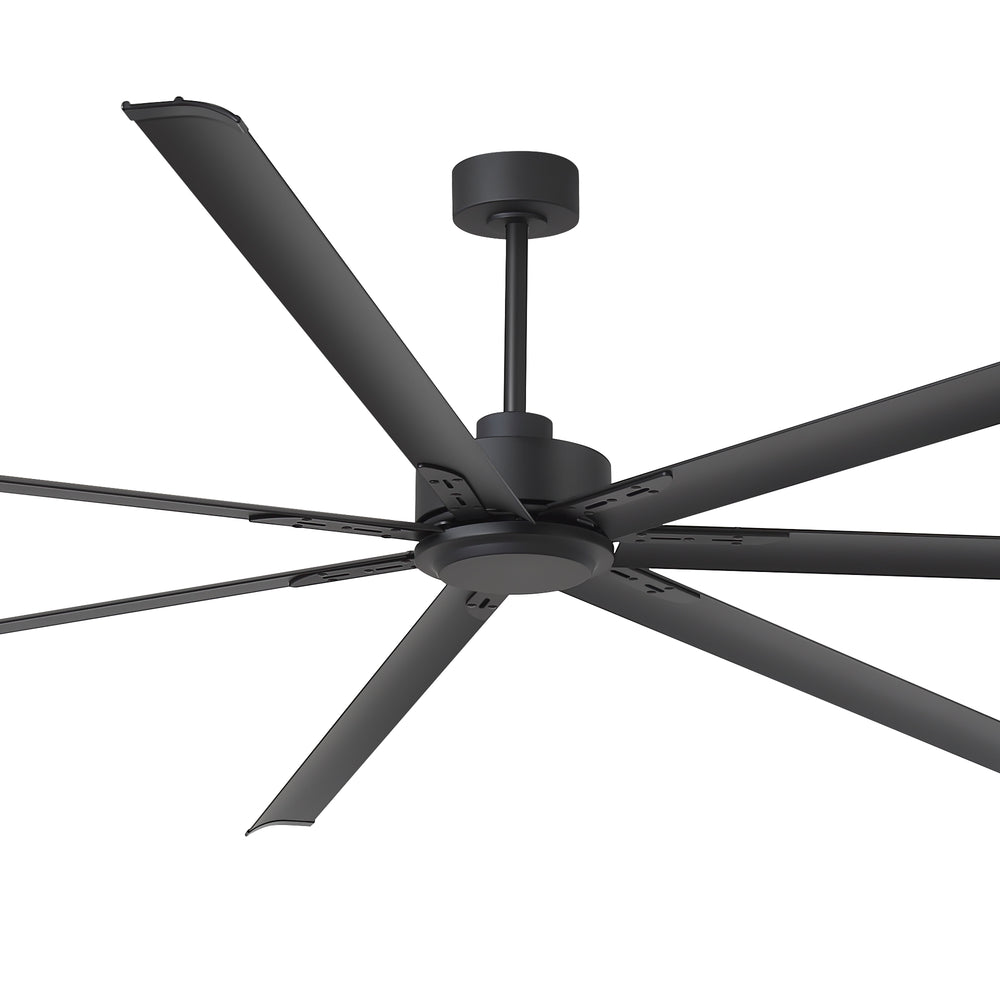 AeroSpan XL large black ceiling fan with seven aluminum blades, shown from below with a sleek industrial design