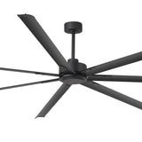 AeroSpan XL large black ceiling fan with seven aluminum blades, shown from below with a sleek industrial design