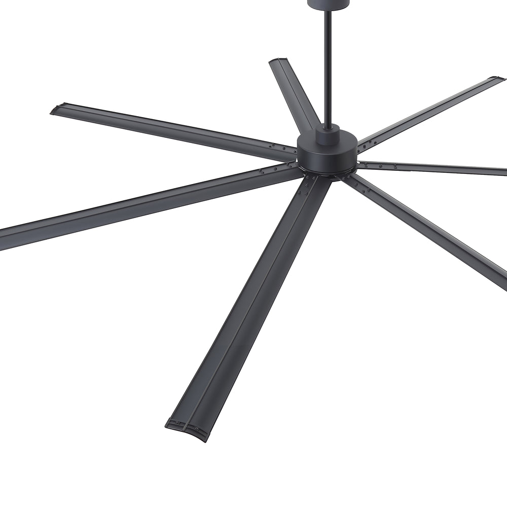 AeroSpan XL large black ceiling fan with seven aluminum blades and modern industrial design