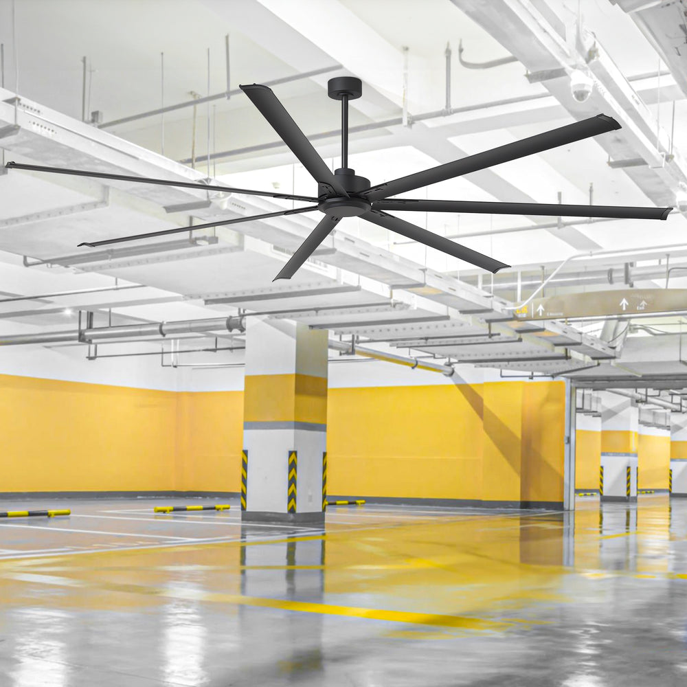 Large industrial ceiling fans in a parking garage