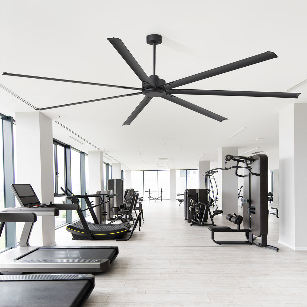 AeroSpan XL large black ceiling fan installed in a modern gym, providing wide-area airflow for spacious interiors