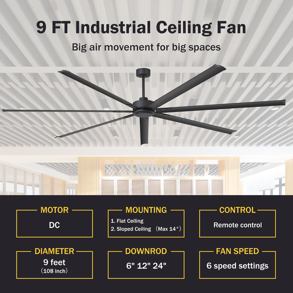 108-inch industrial ceiling fan with DC motor, remote control, 6 speeds and multiple downrod options