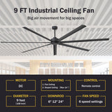 108-inch industrial ceiling fan with DC motor, remote control, 6 speeds and multiple downrod options