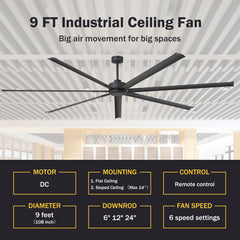 Large 96/100/108 Inch Industrial Ceiling Fan with Remote, No Light with 7/8 Aluminum Blades,DC Motor, 6 Speeds, Forward & Reverse Function-2/3 Downrods Included