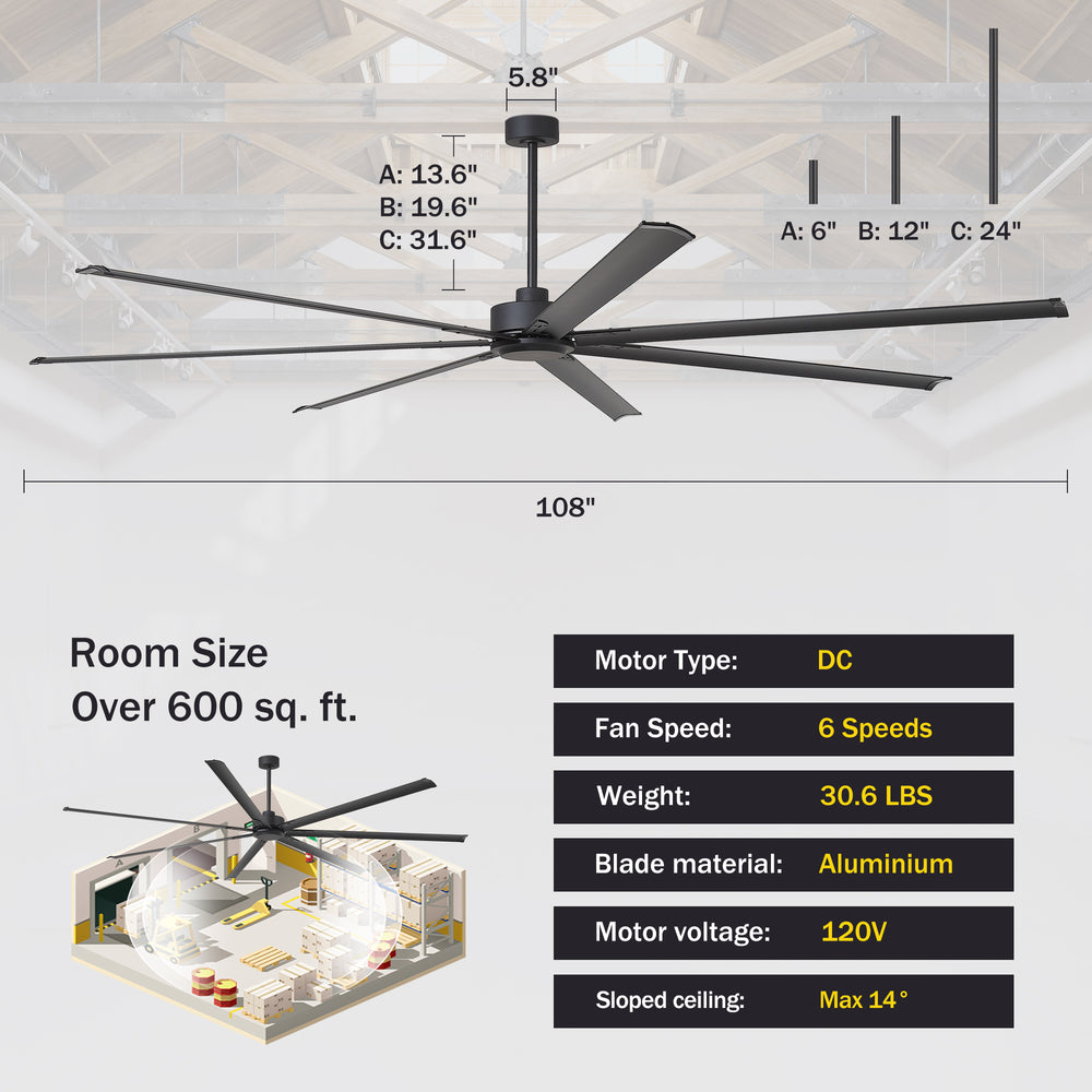 Large 96/100/108 Inch Industrial Ceiling Fan with Remote, No Light with 7/8 Aluminum Blades,DC Motor, 6 Speeds, Forward & Reverse Function-2/3 Downrods Included