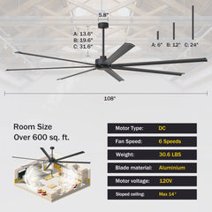 Large 96/100/108 Inch Industrial Ceiling Fan with Remote, No Light with 7/8 Aluminum Blades,DC Motor, 6 Speeds, Forward & Reverse Function-2/3 Downrods Included