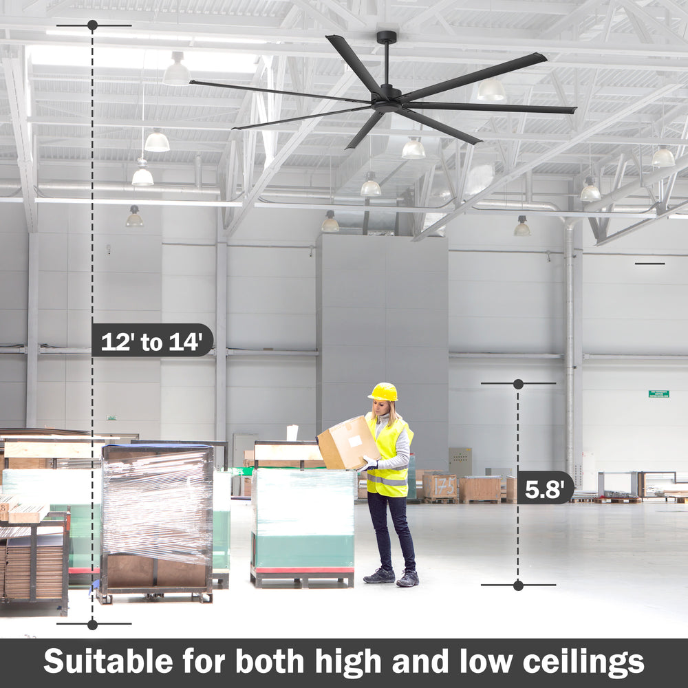AeroSpan XL large ceiling fan suitable for high and low ceilings with recommended 12–14 ft ceiling height