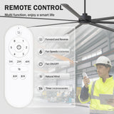 AirForge HVLS industrial ceiling fan remote control with forward and reverse, six fan speeds, natural wind mode, and timer settings.