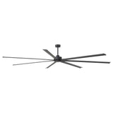 AirForge 120-inch HVLS industrial ceiling fan with eight black blades, shown from a low-angle side view.