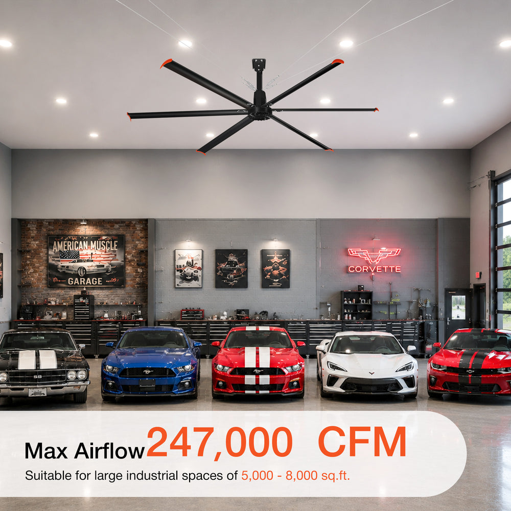 AeroVault Pro HVLS industrial ceiling fan with 247,000 CFM max airflow for 5,000–8,000 sq. ft. spaces