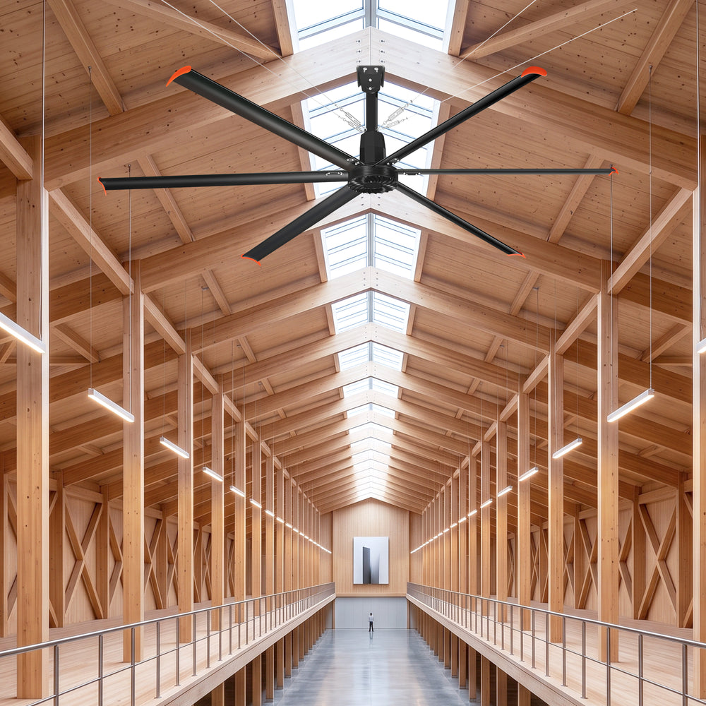 AeroVault HVLS industrial ceiling fan with 6 aluminum blades installed in a large high-ceiling hall