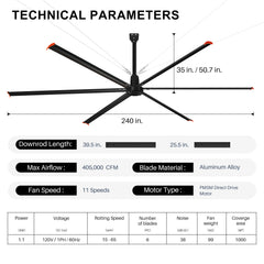 20/22/24FT HVLS Industrial Ceiling Fan 120V 1-Phase No Light With 6 Aluminum Blades-Permanent Magnet Synchronous Motor-Wired Wall-Mounted Controller-Energy Efficient Large Area Air Circulation For Warehouses & Factories