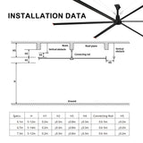 AeroVault HVLS industrial ceiling fan installation diagram showing ceiling height, obstacle clearances and connecting rod requirements