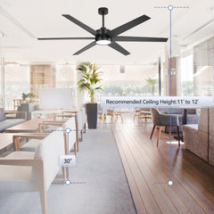 72-in 6-Blade Integrated LED Ceiling Fan with Light Remote,7" and 12" Downrod Included