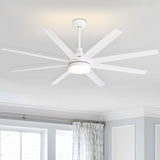 AeroSpan Lux 65-inch white 8-blade ceiling fan in a modern bedroom