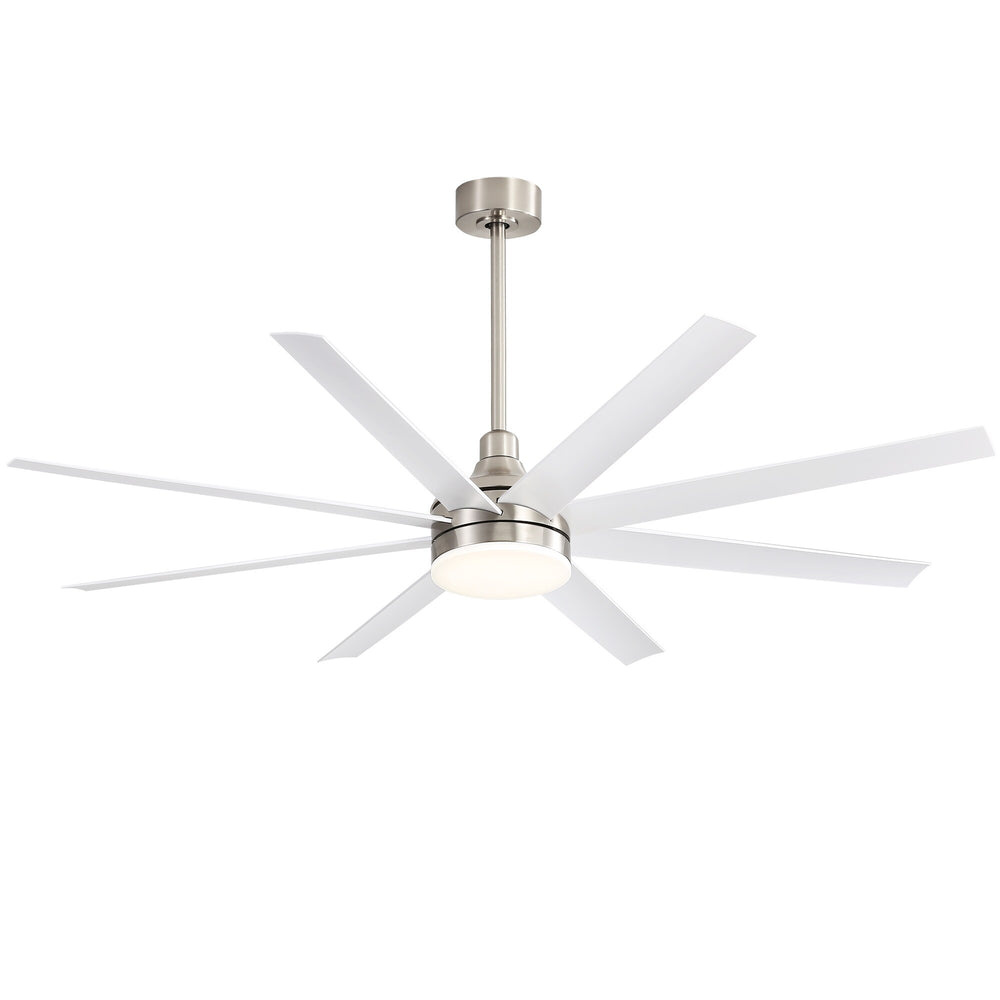 White 8-blade ceiling fan with brushed nickel finish, integrated LED light, and extended downrod