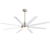 White 8-blade ceiling fan with brushed nickel finish, integrated LED light, and extended downrod