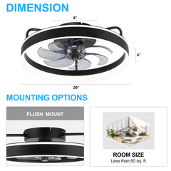 20 inch Black Caged Ceiling Fans with Lights, Low Profile Flush Mount Enclosed Ceiling Fan Remote Control, Reversible DC Motor, Modern Bladeless Ceiling Fan with Led Light for Bedroom