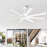 AeroSpan 65-inch white 8-blade ceiling fan in a modern open-concept living space