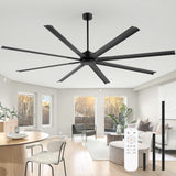 AeroSpan XL 100-inch black ceiling fan installed in a modern living room with remote control and downrod options