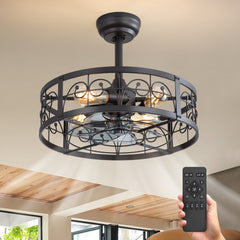 20-inch Matte Black Metal Caged Ceiling Fan with Light and Remote,7 ABS Blades,4in and 8in Downrod Included