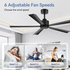 52 in. 6-Speed Indoor Black Ceiling Fans with Remote without Light,5" Downrod Included