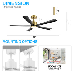 52-Inch  5-Blade LED Ceiling Fan with Light and Remote,5" Downrod Included