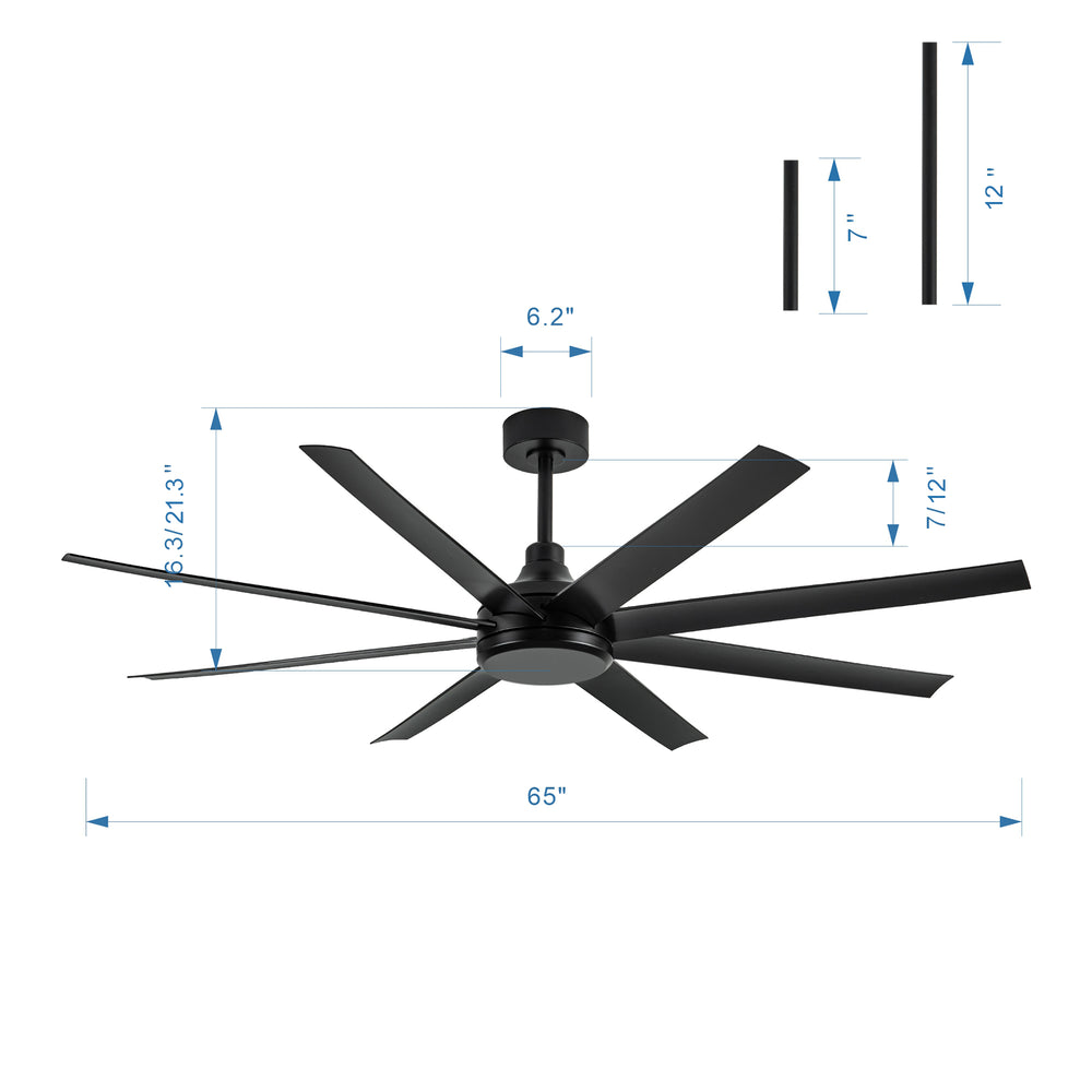 AeroSpan 65-inch 8-blade ceiling fan dimensions with 7-inch and 12-inch downrod options