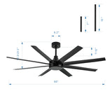 AeroSpan 65-inch 8-blade ceiling fan dimensions with 7-inch and 12-inch downrod options