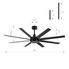 65-Inch Industrial Ceiling Fan, No Light with Remote, 8 ABS Blades, Quiet Reversible DC Motor, 6-Speed, Timer Function