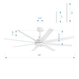 AeroSpan 65-inch white 8-blade ceiling fan dimension diagram with 6.2-inch canopy and 7-inch and 12-inch downrods