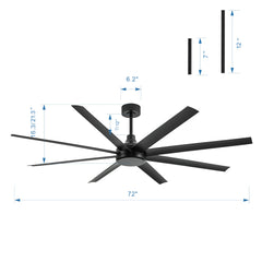 ALKAFY 72-inch Ceiling Fan for Large Spaces - with Remote, 8 ABS Blades, 6-Speed DC Motor, 6868 CFM, Matte Black, Industrial
