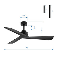 52-inch 3-Blade Ceiling Fans with Remote without Light, Quiet Reversible DC Motor, 6-Speed, Industrial Matte Black Ceiling Fans for Kitchen Home Office