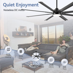 ALKAFY 72" Black Industrial Ceiling Fan with LED Light & Remote - 6-Speed Reversible DC Motor, 8 Blades for Indoor/Outdoor Use