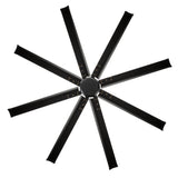Top-down symmetrical view of the 72-inch black industrial ceiling fan with eight aluminum blades