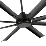 Underside close-up of the 72-inch black 8-blade aluminum ceiling fan motor housing and blade connections