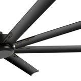 Close-up detail of the matte black aluminum blade attachment on the 72-inch 8-blade industrial ceiling fan
