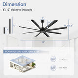 Dimension guide for the 72-inch black 8-blade aluminum ceiling fan with included 6-inch and 12-inch downrods