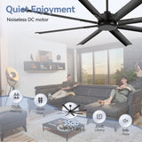 Quiet DC motor feature graphic for the 72-inch black 8-blade aluminum ceiling fan in a relaxed living room setting