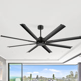 72-inch black 8-blade aluminum ceiling fan installed in a modern living room with large windows and skyline view